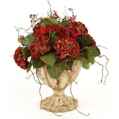 Silk Brick-Red Hydrangeas, Red Yarrow and Foliage in an Aged Finish Fluted Urn